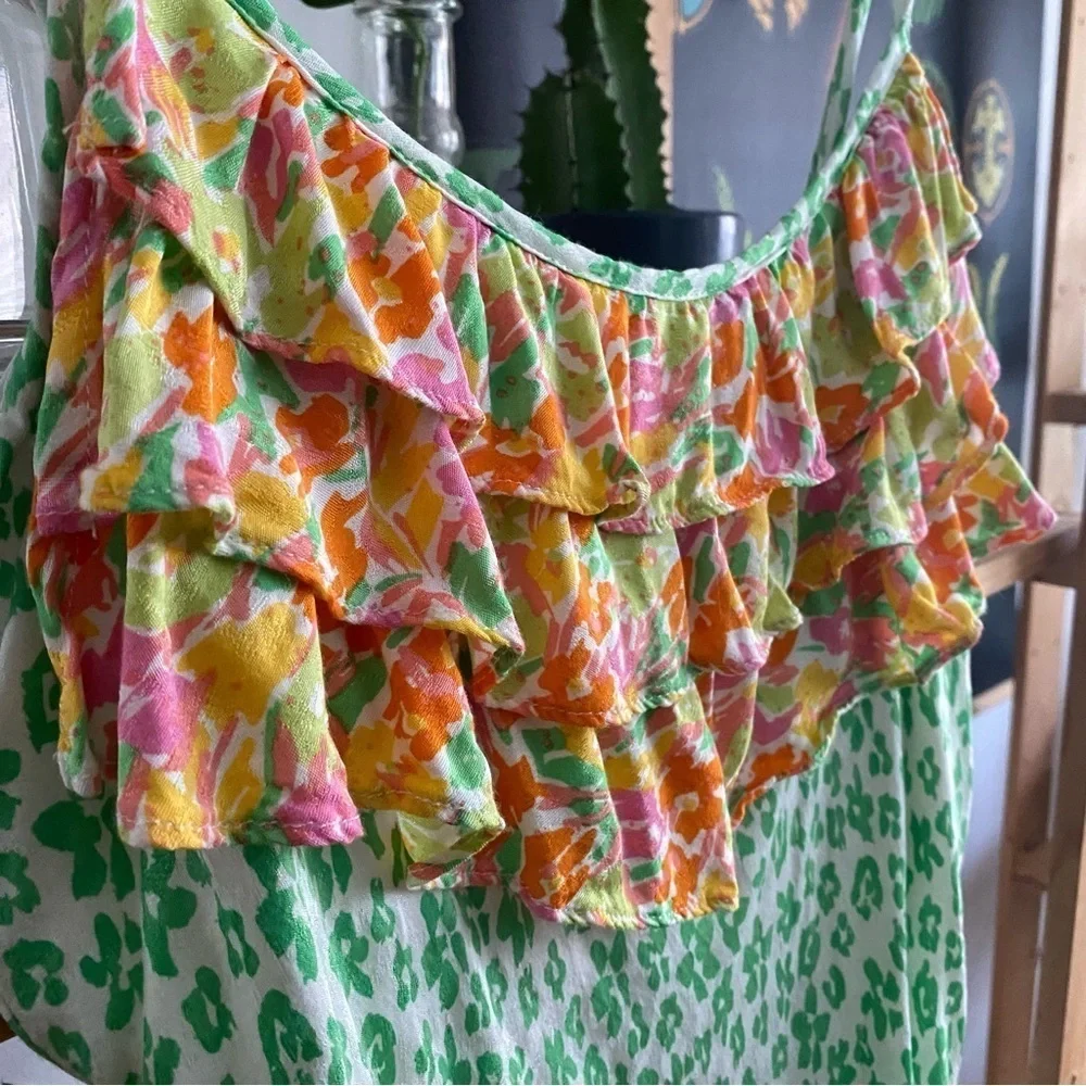 Rixo X Target Green Animal Leopard Print Colorful Ruffle Midi Slip Dres Large - Picture 9 of 15